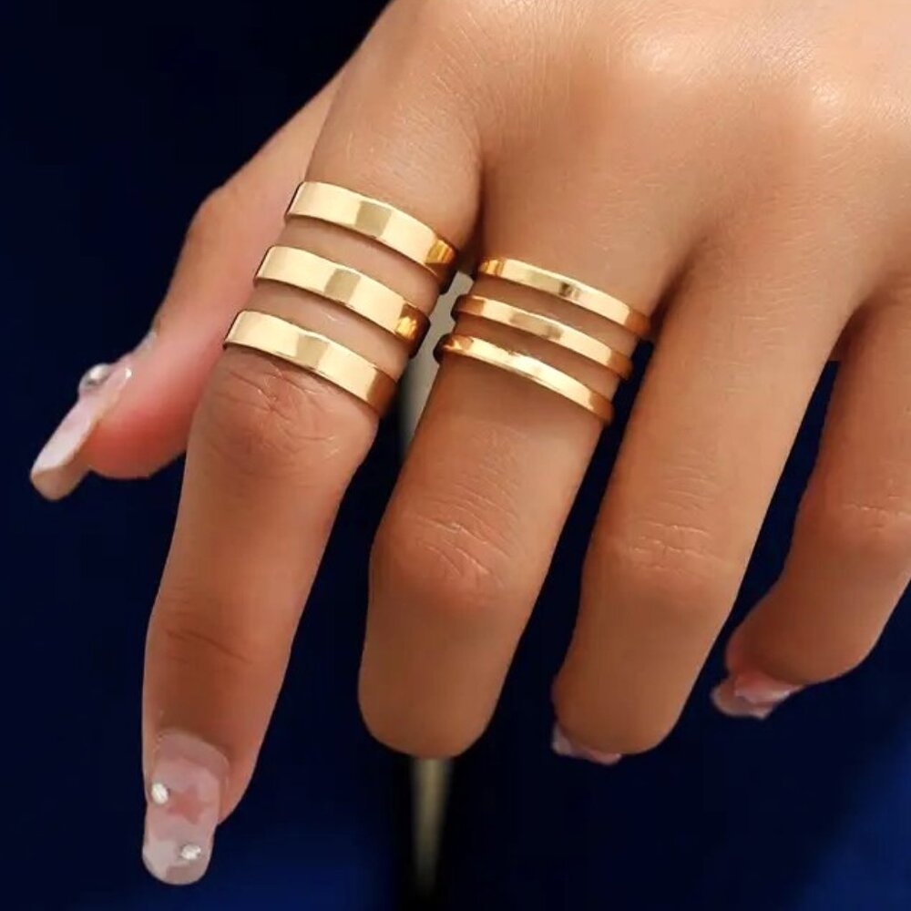 Ring Finger Band 2pc Set Triple Band Gold Adjustable Boho Glam Trendy Stylish